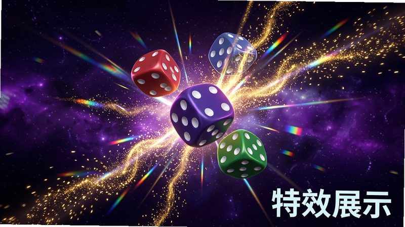 展示游戏内特效场景,主体为多个不同颜色的骰子在空中爆炸散开,伴随金色粒子流,背景为深邃的星空紫色,布局充满动感,排版层次分明,风格为霓虹赛博朋克风,细节捕捉光线的折射与粒子的轨迹,画质超清,干净无杂乱背景,文字'特效展示'位于右下角
