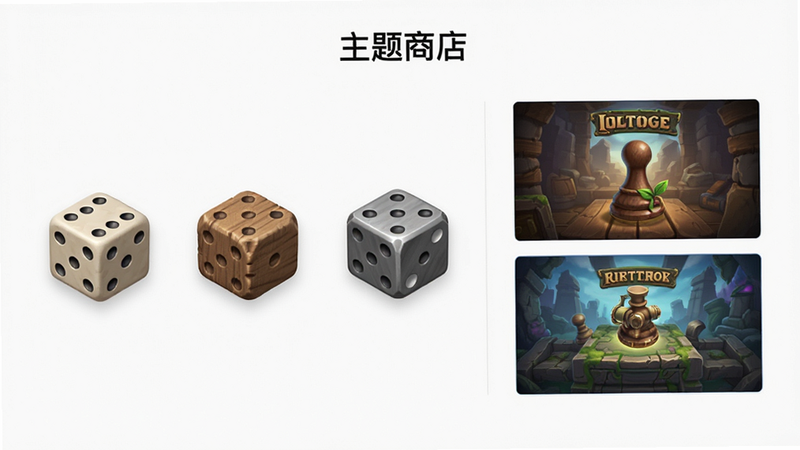 展示游戏主题选择界面,左侧为三个并排的骰子图标分别代表不同主题,右侧为对应的预览图,布局左右分栏,排版整齐有序,风格为简约UI设计,细节展示不同材质纹理,画质清晰,干净无阴影干扰,文字'主题商店'居中显示