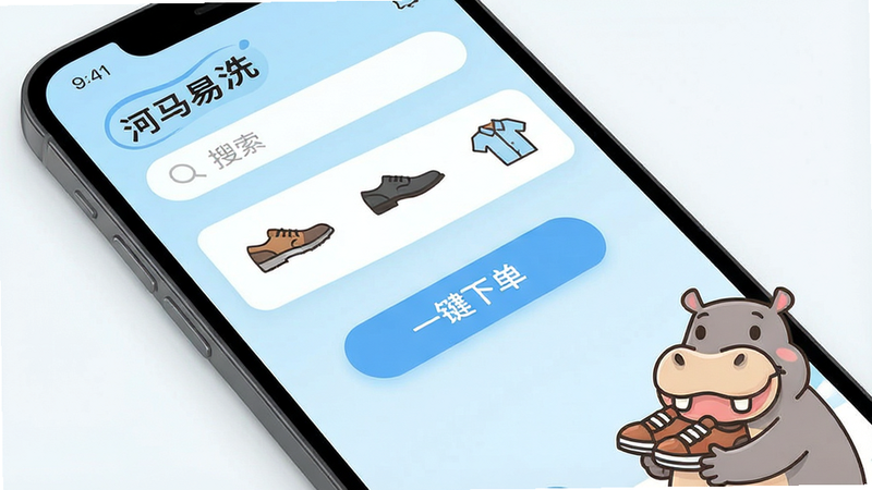 һ���ִ���Լ�����ֻ�Ӧ�ý���չʾͼ������Ϊ'������ϴ'APP��ҳ����Ļ������ʾ'һ���µ�'��ť������Ϊ��͵�ǳ��ɫ���䣬����Ԫ������������������������ͼ�꣨�˶�Ь��ƤЬ����������½���һ����ͨ����������Ь�ӣ����岼�����࣬�޶���װ�Σ����廭�ʣ���ƽ����Ʒ��