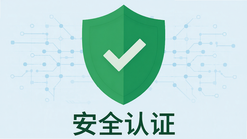 展示一个绿色的盾牌图标,中间带有对勾,背景是淡蓝色的科技网格,象征安全与保护,风格为扁平化矢量图,色彩简洁明快,细节清晰,画质高清,干净无多余元素,文字“安全认证”在下方