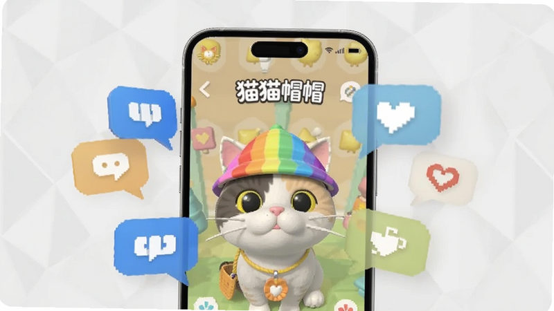 ������һ�������ֻ���Ļ����ʾ�š�èèññ������Ϸ���棬��Ļ����һֻ���Ųʺ�ɫñ�ӵ�è�䣬�ֻ���Χ�����ż�����������ͼ�꣬����Ϊǳ��ɫ����ͼ��������ִ���Լ��ͻ���罻�������ܣ�����ϸ�ڣ�������Ԫ��