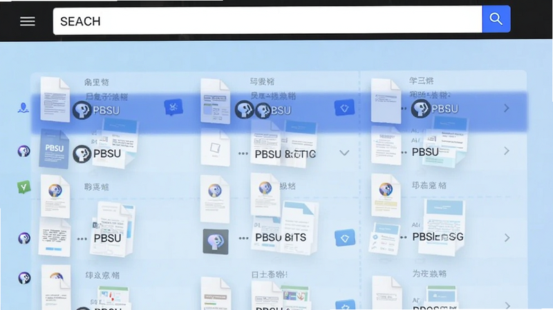 PBSU 搜索界面截图,顶部为搜索框,下方为网格状文件列表,高亮显示匹配文件,背景淡蓝色渐变,UI简洁,文字清晰,高分辨率,无水印