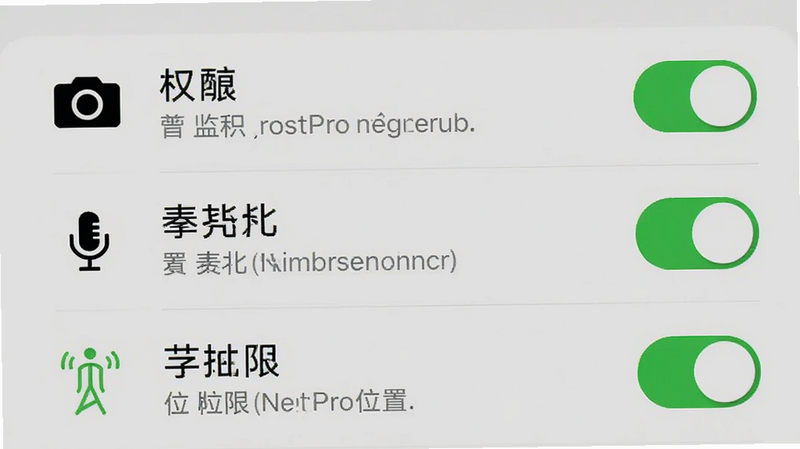 监控眼Pro手机端设置界面截图,显示权限管理列表,相机、麦克风、位置权限均开启,布局清晰,风格简洁,细节包含开关按钮和说明文字,画质清晰,干净,无多余元素