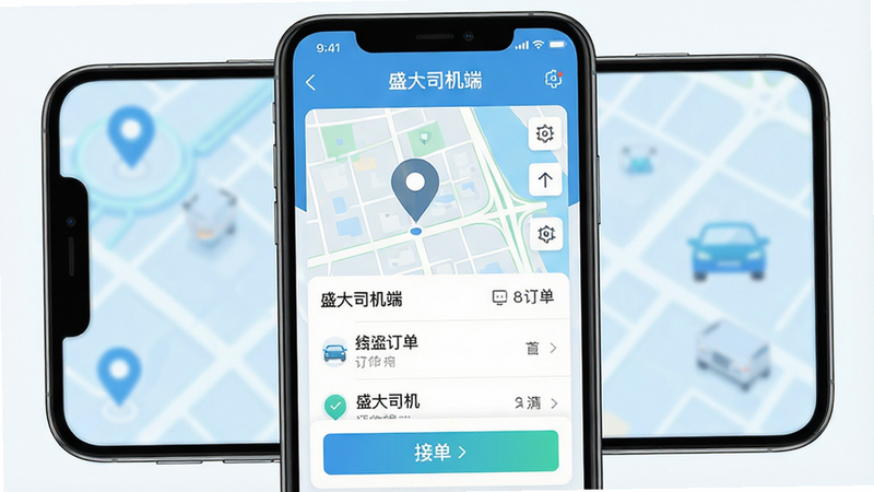 一张高清智能手机界面展示图,手机屏幕中央显示'盛大司机端'APP主界面,背景为简洁的浅蓝色科技风,界面包含地图定位、订单列表和接单按钮,主体清晰,布局居中,排版整洁,风格现代简约,细节丰富,画质8k,干净,无多余元素,文字'盛大司机端'清晰可见