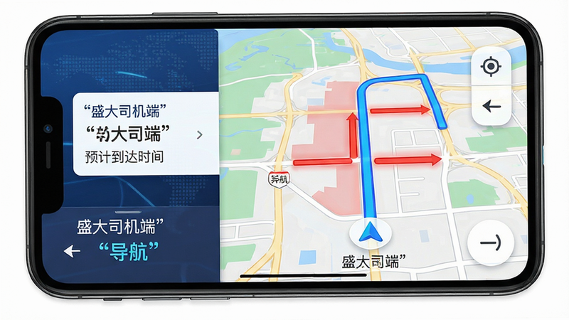 导航界面示意图,手机屏幕显示'盛大司机端'内置导航地图,蓝色路线高亮显示,避开红色拥堵区域,界面左侧显示预计到达时间,主体为地图,布局左右分栏,排版直观,风格科技感,细节清晰,画质锐利,干净,无多余元素,文字'盛大司机端'和'导航'加引号显示
