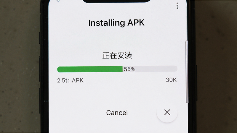 չʾ�ֻ���װAPK�ļ��Ľ��棬��Ļ��ʾ�����ڰ�װ��������������Ϊ�ֻ���Ļ��д�����־��У��Ű����������ΪUI�����ͼ��ϸ����ʾ��װ���ȰٷֱȺ�ȡ����ť�����壬�ɾ����޶���Ԫ�أ����֡�Installing APK��λ�ڶ�����8k