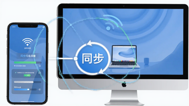 主体为游游蜂云手机多设备同步场景,布局为三角形构图,分别展示手机、平板和电脑屏幕,中间连接点为“同步”文字,排版紧凑,风格为扁平化设计,细节包含同步进度条,画质精致,干净,无多余元素
