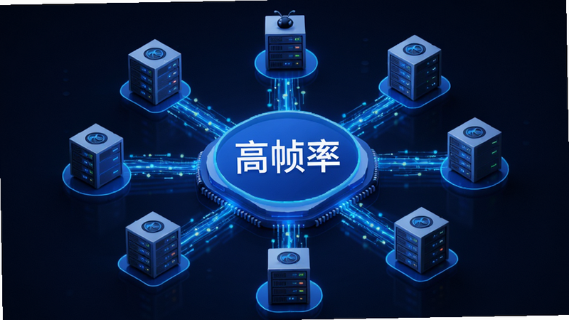主体为游游蜂云手机云端算力示意图,布局为中心辐射状,核心为“高帧率”文字,周围环绕服务器图标,排版对称,风格为蓝色科技风,细节包含数据流动光效,画质清晰,干净,无多余元素
