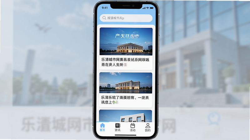乐清城市网App主界面预览图,主体为手机屏幕,显示新闻列表,布局清晰,顶部有搜索栏,中间为图文新闻卡片,底部导航栏包含首页、资讯、活动、我的四个图标,风格简洁现代,色调以白色和浅蓝色为主,细节清晰,画质高清,干净无多余元素