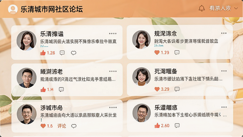 乐清城市网社区论坛界面,显示多个用户头像和帖子列表,包含点赞和评论数,界面布局紧凑有序,色彩温馨,体现社区互动氛围,风格亲切自然,细节生动,高清画质