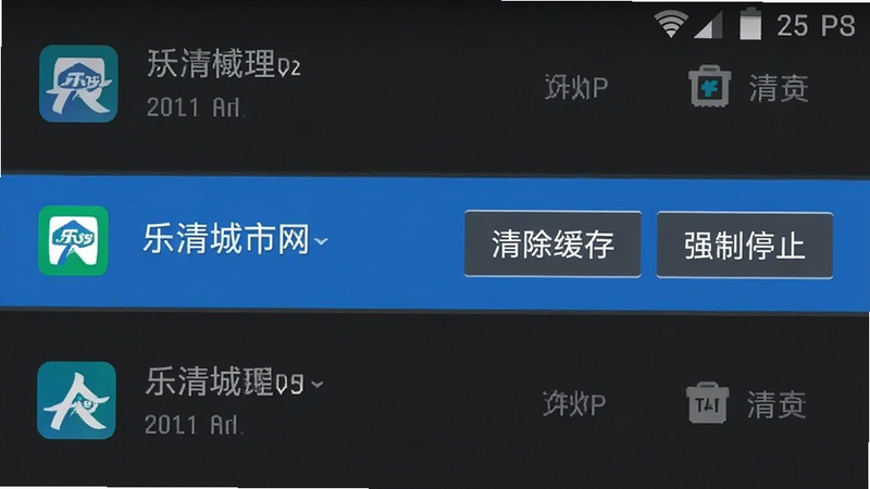 手机设置界面截图,显示应用管理列表,高亮显示“乐清城市网”条目,旁边有“清除缓存”和“强制停止”按钮,界面风格为安卓原生深色模式,细节清晰,画质高清