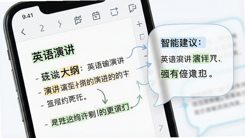 主体为手机屏幕显示的文本编辑界面,左侧显示“英语演讲”演讲稿大纲,右侧显示智能建议气泡,布局左右分栏,排版清晰易读,风格清新,细节展示高亮的关键词与逻辑箭头,画质细腻,干净无多余元素
