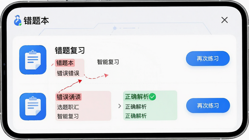 ����Ϊ�����App�Ĵ��Ȿ���ܽ��棬����Ϊ�б�ʽչʾ������Ϊ��ɫ���Ű�������Ĵ���ͼ�ꡢ�м����ĿժҪ���Ҳ�ġ��ٴ���ϰ����ť�����Ϊ���Ƽ��磬ϸ��չʾ��ɫ��ǵĴ���ѡ�����ɫ����ȷ�����Աȣ����ʸ��壬�ɾ����޶���Ԫ�أ����ֱ�ǩΪ�����Ȿ���������ܸ�ϰ��