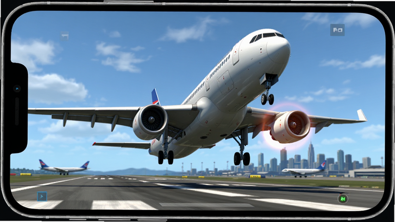 主体为手机屏幕特写,屏幕内显示Flight Simulator World游戏画面,一架白色客机正在跑道上加速起飞,背景是蓝天白云和远处的城市天际线,布局居中,排版清晰,风格为高保真写实3D渲染,细节丰富如机翼纹理和引擎光晕,画质4K,干净,无多余元素