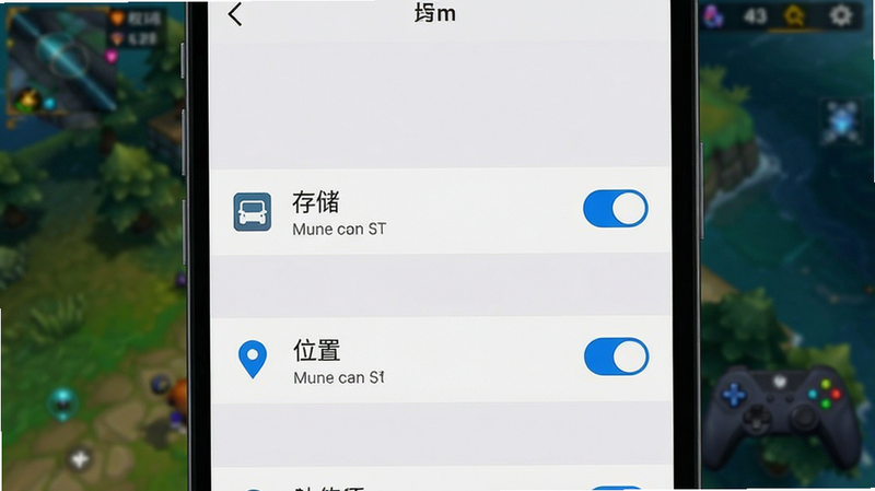 主体为手机设置界面截图,显示权限管理列表,其中“存储”和“位置”权限被勾选,背景为模糊的游戏画面,布局垂直列表,排版清晰,风格为系统原生UI,细节包括开关状态和图标,画质清晰,干净,无多余元素