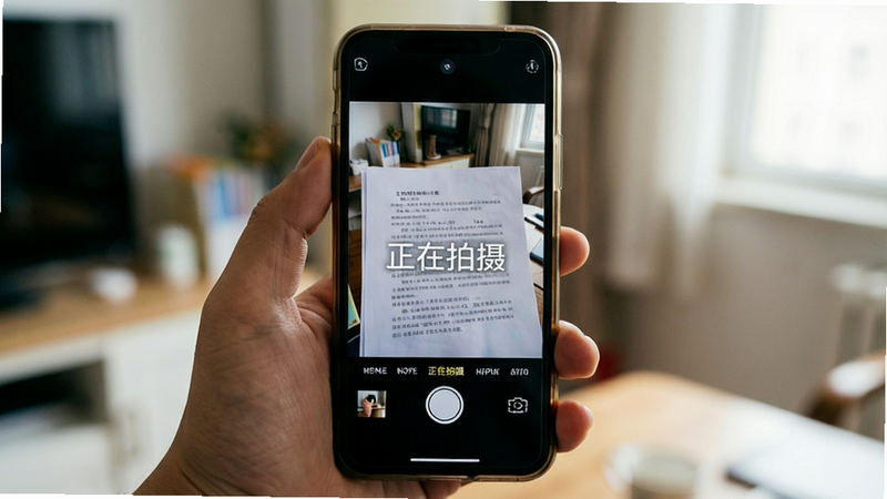 手机手持拍摄场景,主体为一只手握着智能手机对准文档拍摄,布局自然生活化,排版突出屏幕内容,风格写实摄影,细节显示屏幕上的水印效果,文字包含