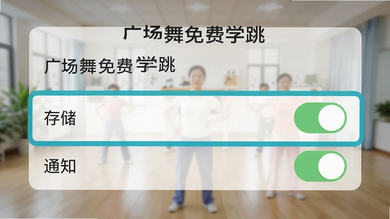 手机设置界面示意图,显示「广场舞免费学跳」的权限管理页面,重点高亮“存储”和“通知”权限开关为开启状态,背景模糊处理,突出权限设置的重要性,风格清晰直观,画质清晰,干净