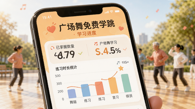 手机屏幕显示「广场舞免费学跳」的学习进度页面,展示已掌握的舞蹈数量、练习时长统计图表,界面温馨,鼓励用户持续学习,风格积极正向,细节丰富,画质高清,干净