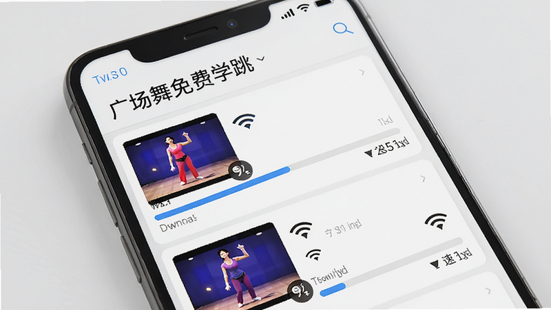手机屏幕显示「广场舞免费学跳」的下载管理界面,列表中显示几个舞蹈视频正在下载,进度条清晰可见,旁边有Wi-Fi图标和下载速度提示,界面整洁,体现离线功能,风格现代简约,细节丰富,画质高清,干净