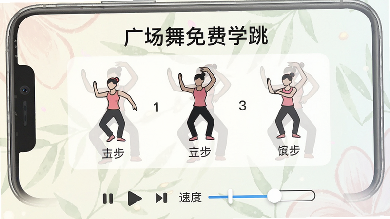 手机屏幕显示「广场舞免费学跳」的分步教学页面,画面中央有一个简化的舞蹈动作分解图示,周围标注着步骤1、2、3,界面下方有播放控制和速度调节滑块,背景淡雅,突出教学逻辑,风格直观易懂,画质清晰,无干扰元素
