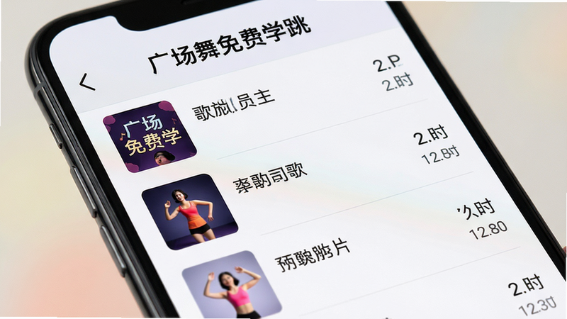 手机屏幕特写,显示「广场舞免费学跳」的音乐列表界面,列表项包含歌曲封面、歌名、时长,背景柔和,字体清晰易读,体现丰富的资源库,风格扁平化,细节精致,画质高清,干净