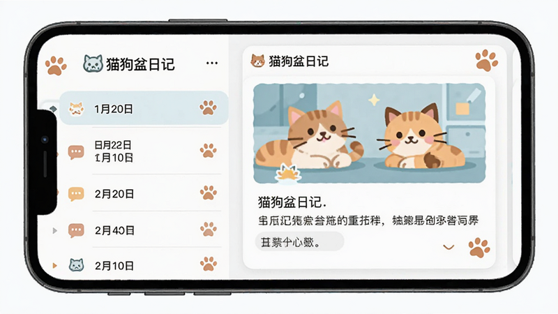 主体为手机屏幕显示“猫狗盆日记”APP界面,布局为左右分栏,左侧为日期列表,右侧为日记详情卡片包含照片和文字,排版整洁有序,风格为清新扁平化插画风,细节处有猫爪印装饰,画质高清,干净,无多余元素