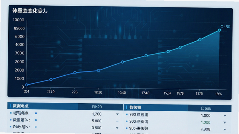 主体为数据图表界面,展示体重变化的折线图,布局为图表占据主要区域,下方为数据点列表,排版专业严谨,风格为科技蓝配色,细节处有坐标轴刻度清晰可见,画质细腻,干净,无多余元素