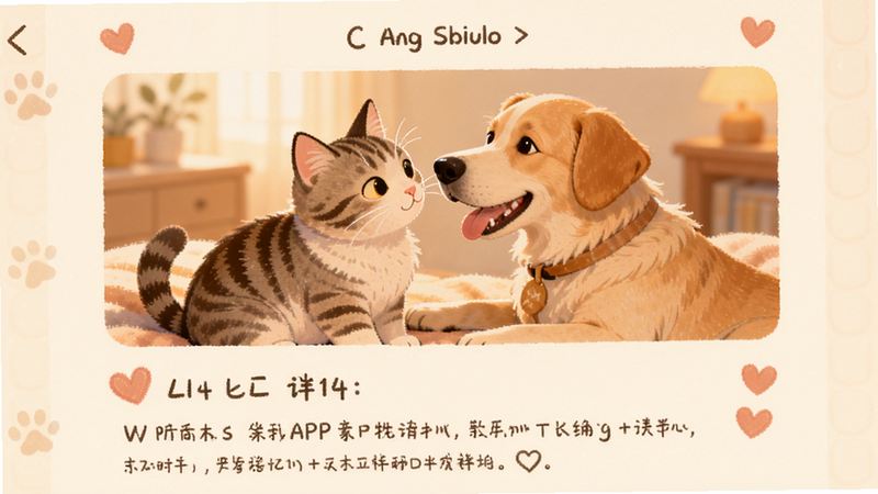 主体为APP日记详情页面,展示一张猫狗互动的照片,布局为照片上方,文字下方,排版温馨,风格为暖色调插画,细节处有爱心图标装饰,画质柔和,干净,无多余元素
