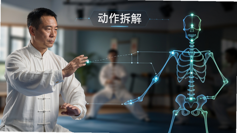 展示太极动作分解界面的特写图,左侧为真人太极拳教练演示动作,右侧为对应的骨骼线条动画分解,中间有连接线指示关键点,背景虚化处理,突出科技感与专业感,文字标注“动作拆解”,高清细节,柔和光影
