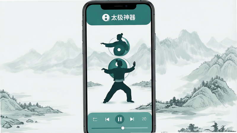 一张高清现代风格的移动端应用界面展示图,主体为手机屏幕,显示太极人物剪影动作分解图,背景为淡雅的山水水墨风格,顶部有“太极神器”Logo,底部有播放控制和进度条,整体色调为青绿色与白色,布局简洁清晰,细节精致,4k画质,干净无杂乱元素