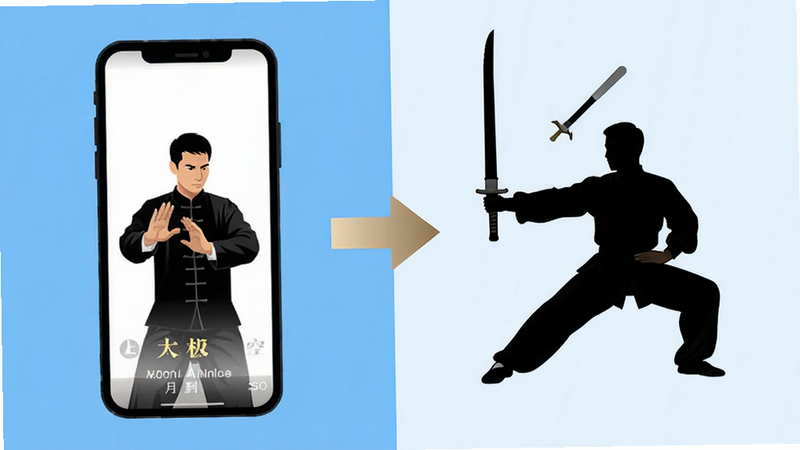 对比图,左侧为手机屏幕显示太极神器空手动作,右侧为手持太极剑的剪影,中间用箭头连接表示进阶过程,背景简洁,突出“从空手到器械”的学习路径,扁平化设计风格,清晰直观