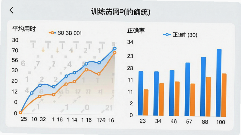 一张展示舒尔特表格APP数据统计页面的界面图,主体为折线图和柱状图,显示用户过去一周的训练成绩变化,图表颜色为蓝色和橙色搭配,背景为浅灰色,文字清晰标注“平均用时”和“正确率”,风格现代、简洁,高清画质