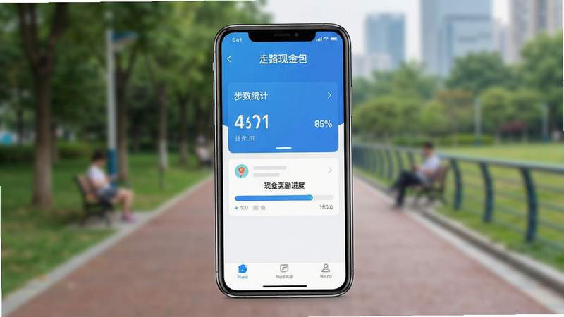 一张展示走路现金包APP核心界面的全景图,主体为手机屏幕,显示步数统计与现金奖励进度条,背景为模糊的城市公园步道,风格清新简约,蓝色与白色为主色调,细节清晰,画质高清,无多余元素,文字显示