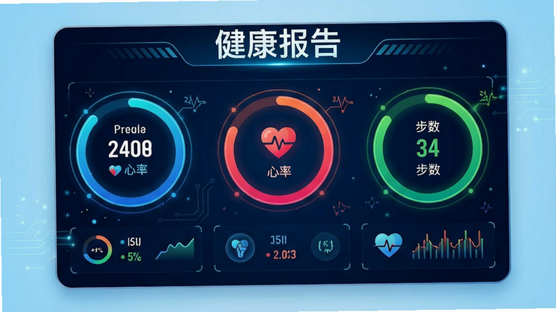 展示健康数据仪表盘,包含卡路里、心率、步数等圆形图表,色彩鲜艳且区分明显,背景为浅蓝色渐变,文字显示