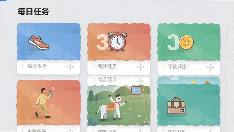 展示任务列表界面,多个任务卡片整齐排列,每个卡片上有不同的图标如跑步鞋、时钟、金币等,背景为浅灰色,文字显示