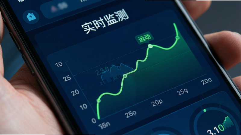 特写手机传感器数据界面,显示实时更新的步数曲线图,绿色线条代表运动轨迹,背景为深蓝色科技感界面,文字显示
