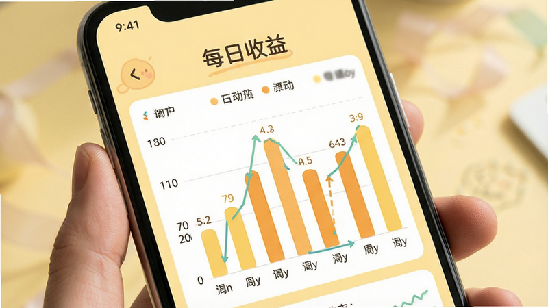 展示手机屏幕上的收益统计图表,柱状图显示每日收益波动,背景为浅黄色温暖色调,风格友好亲切,细节清晰,画质高清,无多余装饰,文字显示
