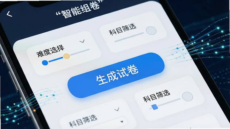 主体为手机屏幕特写,显示“智能组卷”界面,布局中心为“生成试卷”按钮,周围环绕“难度选择”、“科目筛选”选项,排版整齐对称,风格为极简科技风,细节展示数据流特效,画质清晰,干净,无多余元素,文字“智能组卷”加引号