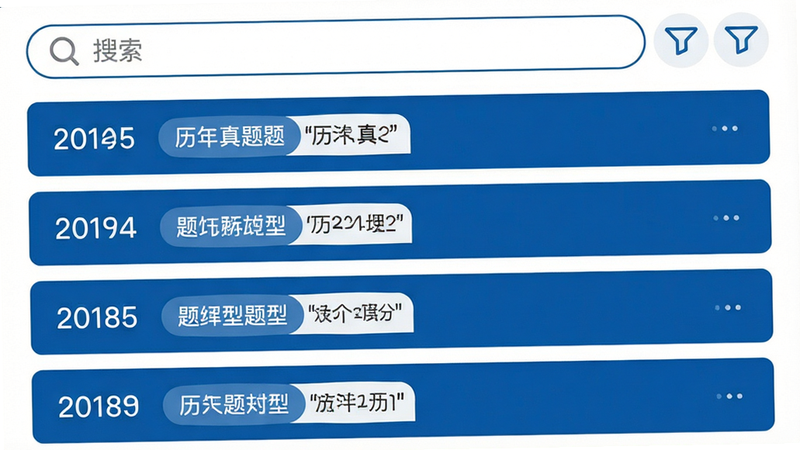 主体为“历年真题”列表界面,布局为垂直滚动列表,每条题目显示年份与题型标签,排版紧凑有序,风格为商务蓝白配色,细节包含搜索栏与筛选图标,画质高保真,干净,无多余元素,文字“历年真题”加引号