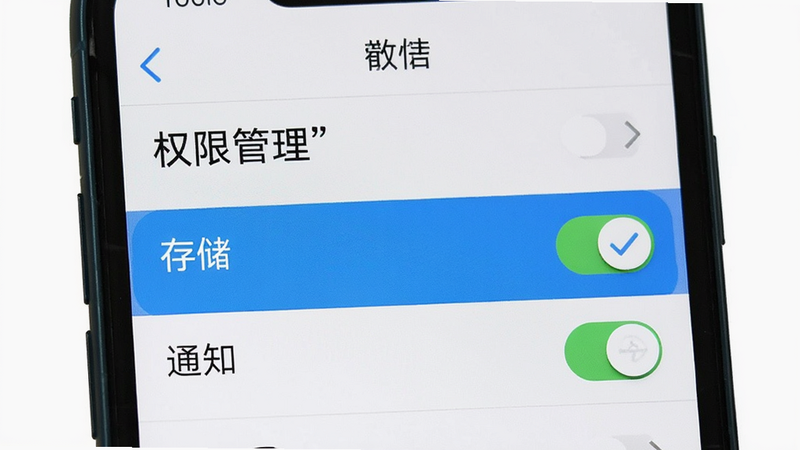 主体为手机设置界面截图,布局显示“权限管理”列表,高亮显示“存储”与“通知”权限开关,排版垂直排列,风格为系统原生UI,细节包含勾选状态图标,画质清晰,干净,无多余元素,文字“权限管理”加引号