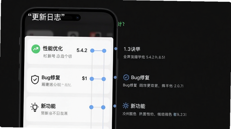 主体为APP更新日志界面,布局为时间轴形式,列出“性能优化”、“Bug修复”、“新功能”条目,排版清晰,风格为简洁列表,细节包含版本号5.4.2标识,画质高,干净,无多余元素,文字“更新日志”加引号