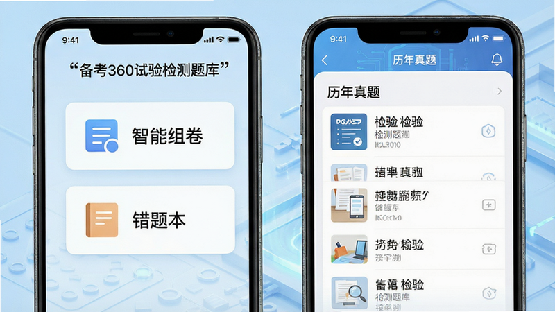 主体为“备考360试验检测题库”手机APP高清界面展示图,布局采用现代扁平化UI设计,左侧显示“智能组卷”与“错题本”功能入口,右侧展示“历年真题”列表,背景为淡蓝色科技风,细节包含清晰的按钮图标与文字标签,风格简洁专业,画质4K高清,干净无多余元素,文字“备考360试验检测题库”加引号