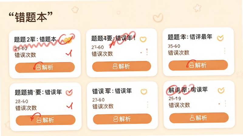 主体为“错题本”功能模块展示,布局为卡片式列表,每张卡片显示题目摘要与错误次数,排版清晰易读,风格为暖色调提示风格,细节包含红色标记与解析按钮,画质细腻,干净,无多余元素,文字“错题本”加引号
