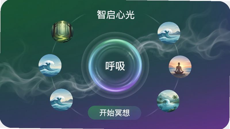 ڤ�빦�ܽ��棬����Ϊ�������Ĺ⡱APP��ڤ��ҳ�棬��������Ϊһ����̬����ԲȦ����Χ������ɭ�֡����˵ȳ���ͼ�ꡣ���Ϊ����������ɫ��Ϊ����ɫ����ɫ���䣬ϸ�ڴ���Ʈ��������Ч�������֡���ʼڤ�롱����������������������ͣ���ӰЧ����Ȼ��Ӫ��������Χ