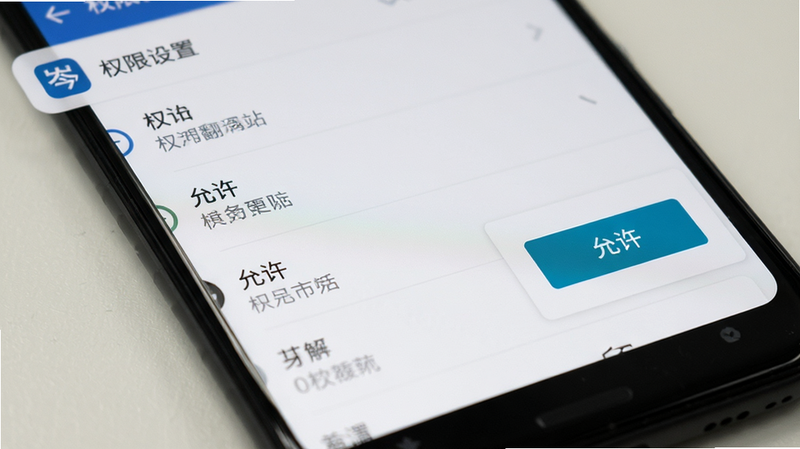 主体为安卓手机设置界面与岑序翻译站图标,布局展示权限管理列表,排版清晰,风格系统原生UI,细节突出“允许”按钮,画质高清,干净,无多余元素,文字包含