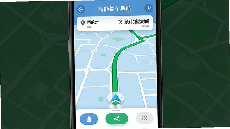 ����Ϊһ�����������ֻ�����Ļ������ʾ�����ܼݳ�������APP���棬����Ϊ���ĵ���ɫ��ͼ·�����м���һ����Ŀ����ɫ����·�߹ᴩ��Ļ���Ϸ��������ġ�Ŀ�ĵء��롰Ԥ�Ƶ���ʱ�䡱��ǩ���·��Ǽ��Ĳ�����ť�������岼�־��жԳƣ��Ű����������Ϊ�ִ���ƽ��UI��ƣ�ϸ�ڴ�����΢�Ĺ�Ӱ�ʸУ�����4k���壬�ɾ����޶���Ԫ��