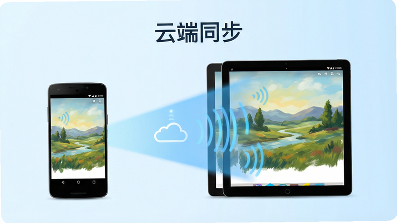 画板painting云端同步示意图,主体为两部不同尺寸的安卓设备,一部手机和一部平板,屏幕上都显示着同一幅正在绘制的风景画。设备之间通过柔和的蓝色光束连接,象征数据同步。背景为淡蓝色渐变,营造科技感与安全感。文字标签“云端同步”清晰可见,字体简洁现代。整体布局平衡,色彩明亮,无杂乱元素,高清渲染。