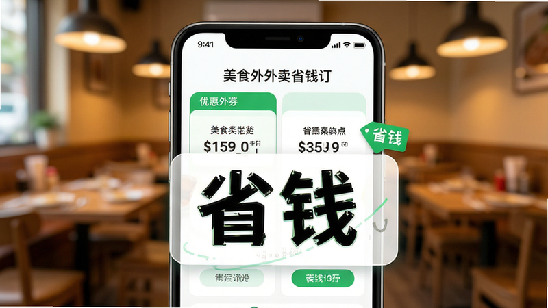 ����Ϊ�ֻ���Ļ��д����ʾ����ʳ����ʡǮ����APP���棬����Ϊ��ܰ�����黯��������������չʾ�Ż�ȯ���ӶԱ�ͼ���Ű����ִ����������������ϸ�ڰ���������ָ�������ɫʡǮ��ǩ�����ʸ��壬�ɾ��޶���Ԫ�أ����֡�ʡǮ���Ӵ�ͻ��