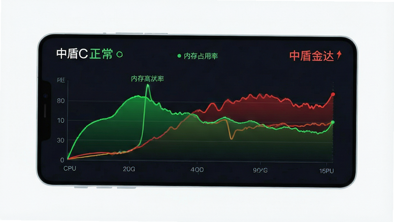 手机性能监控界面概念图,显示CPU和内存占用率曲线,标注“中盾金达”运行状态,绿色表示正常,红色表示高负载,图表清晰简洁,科技感强,无文字干扰,高清矢量风格,干净背景