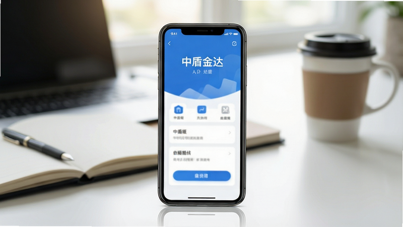 一张高清现代办公场景图,主体为一部智能手机,屏幕清晰显示“中盾金达”App界面,界面风格简洁商务,色调以蓝白为主,背景模糊处理显示办公桌、笔记本和咖啡杯,光线柔和自然,突出手机屏幕内容,扁平化设计,干净无杂乱元素,高分辨率,8K画质
